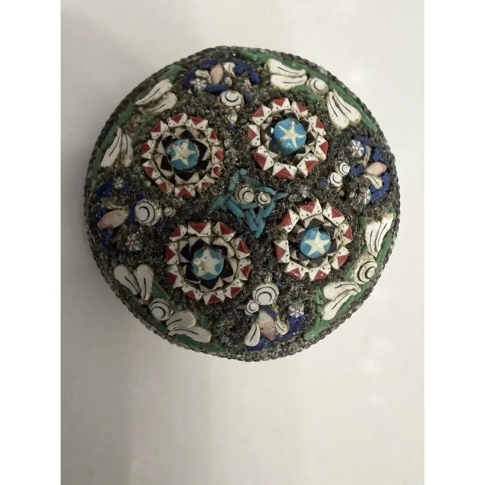 Antique Micro Mosaic Round Domed Brooch Floral Geometric Design Victorian Style
